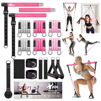 Pilates Bar Kit with Resistance Bands,Qicool Pilates Resistance Bands Exercise Fitness Equipment for Women & Men Home Gym Yoga,Multifunctional Pilates Bar Full Body Workout Equipment Pink