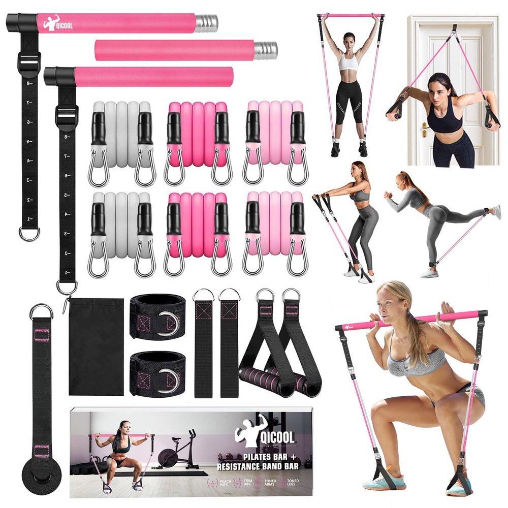 Pilates Bar Kit with Resistance Bands,Qicool Pilates Resistance Bands Exercise Fitness Equipment for Women & Men Home Gym Yoga,Multifunctional Pilates Bar Full Body Workout Equipment Pink