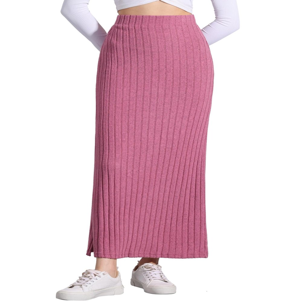 Allegra K Knit Long Pencil Skirts for Women's Bodycon Ribbed Sweater Maxi Skirt with Slit Small Pink