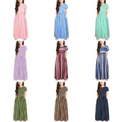 KAGAYD Girl's Casual Strips Dress Summer Scoop Neck Short Sleeve Sundress Long Maxi Dress with (Green-2, 6-7 Years)