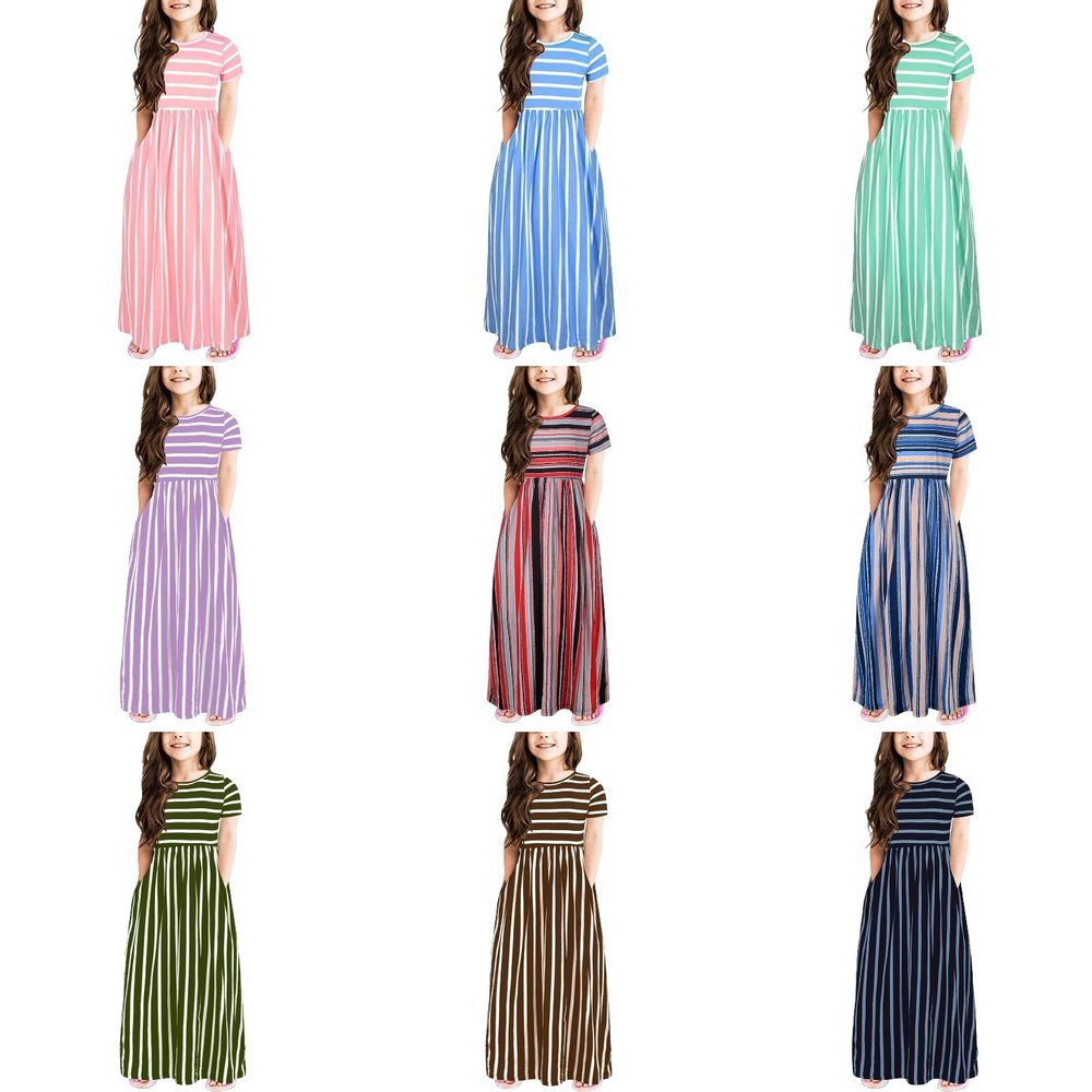 KAGAYD Girl's Casual Strips Dress Summer Scoop Neck Short Sleeve Sundress Long Maxi Dress with (Green-2, 6-7 Years)