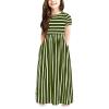 KAGAYD Girl's Casual Strips Dress Summer Scoop Neck Short Sleeve Sundress Long Maxi Dress with (Green-2, 6-7 Years) view 2