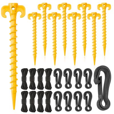 AUGSUN 27 Pieces Plastic Inflatable Stakes Set, Include Tent Stakes, Tethers Ropes and Hooks Heavy Duty Garden Yard Stakes for Halloween Christmas Outdoor Decorations (Yellow)