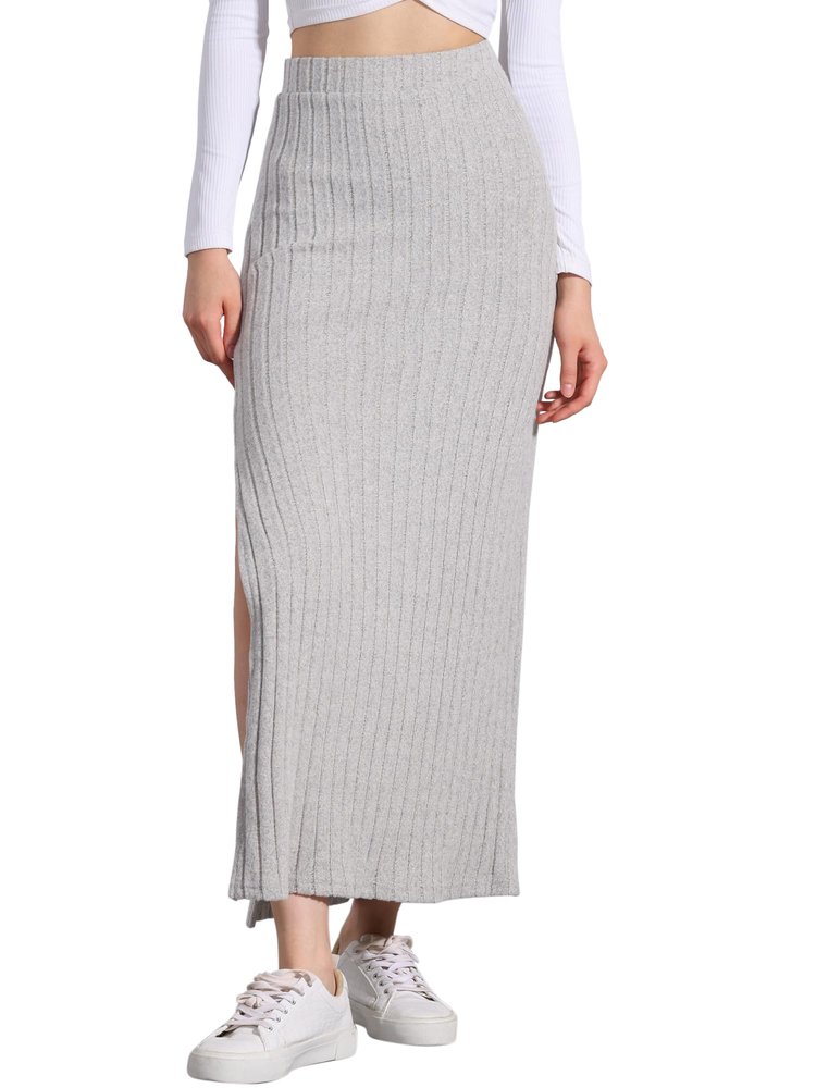 Allegra K Knit Long Pencil Skirts for Women's Bodycon Ribbed Sweater Maxi Skirt with Slit Medium Grey