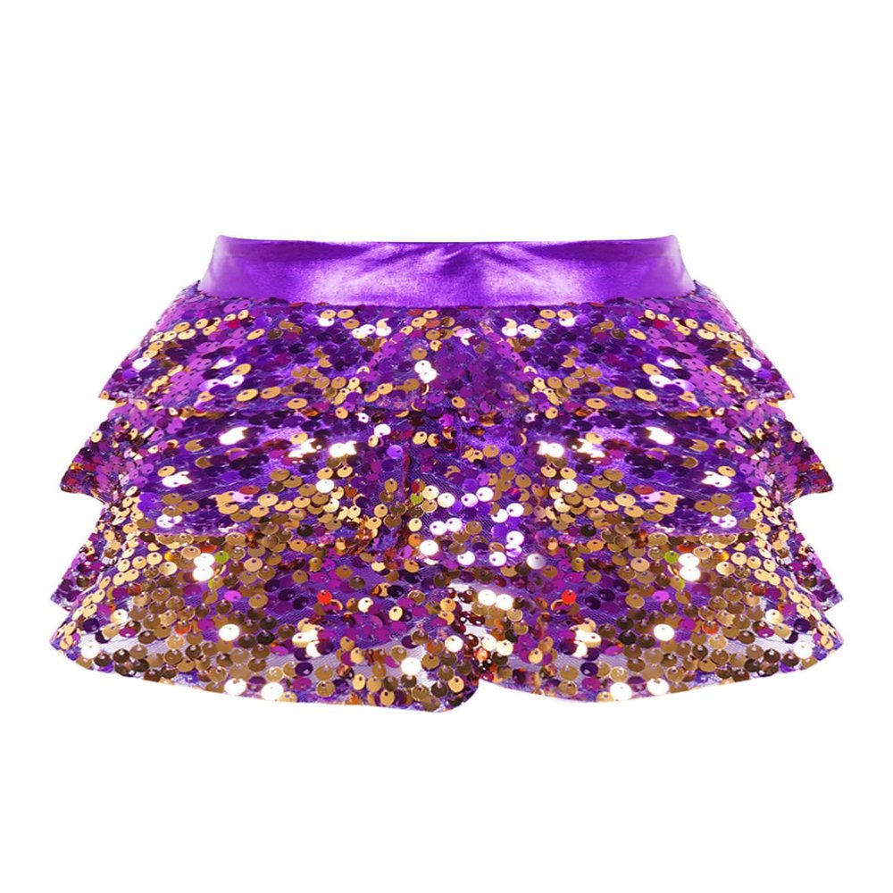 CHICTRY Girls 3-Layers Ruffle Tiered Sequin Skirt Hip Hop Performance Mini Skorts Dancewear Purple 10 Years