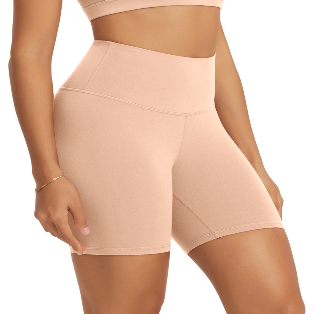 ODODOS Buttery Soft Lounge Yoga Shorts for Women 6" Inseam High Waist Non See Through Biker Shorts, Peach, Large
