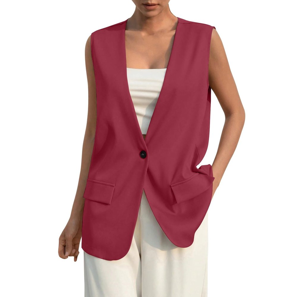 2025, Vest Tops for Women 2024 Dressy Casual Sleeveless Vests Button Down Tops Plus Size Loose V Neck Blazer Jacket Lightweight Open Front Waistcoat Outerwear(A Wine,XX-Large)