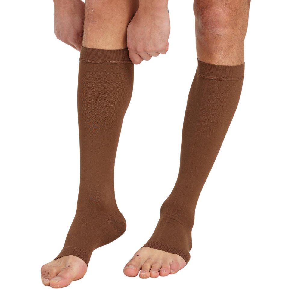 MGANG 20-30 mmHg Compression Stocking for Men and Women, Medical Compression Socks, Knee High Length, Open Toe, for DVT, Varicose Veins, Relief Shin Splints, Edema, Brown Large