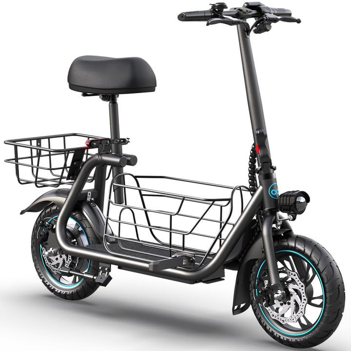 Gyroor Adults Electric Scooter with Large Middle Basket, 300W Motor 15.5 MPH 20 Mile Distance, Foldable E-Scooter with seat for Pets & Cargo, C1S-4JK