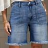 TIAFORD Women's Casual High Rise Straight Leg Frayed Hem Jeans Summer Short Knee Length Denim Shorts with Pockets view 2