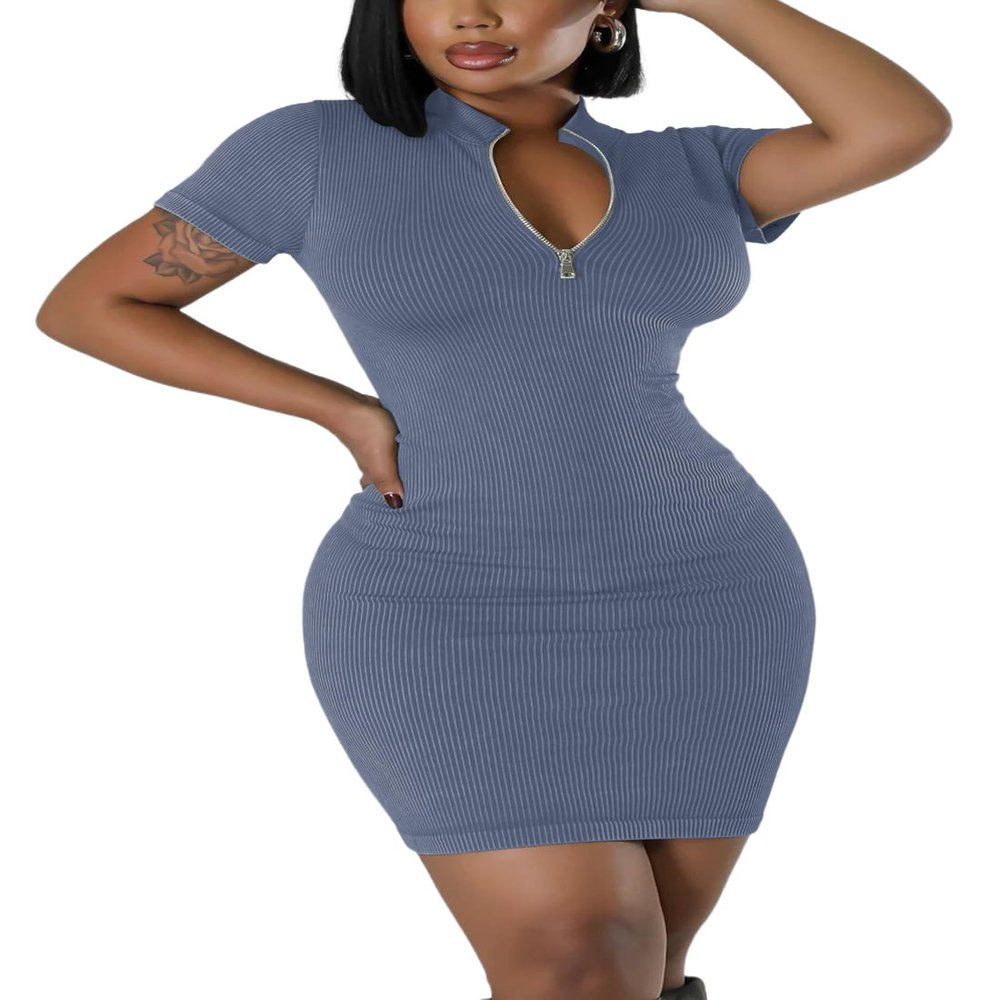 AiiUp Ribbed Bodycon Dresses for Women Short Sleeve Summer Zip Up Front Casual Mini Tank Dress Dusty Blue
