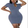 AiiUp Ribbed Bodycon Dresses for Women Short Sleeve Summer Zip Up Front Casual Mini Tank Dress Dusty Blue view 1