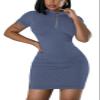 AiiUp Ribbed Bodycon Dresses for Women Short Sleeve Summer Zip Up Front Casual Mini Tank Dress Dusty Blue view 2