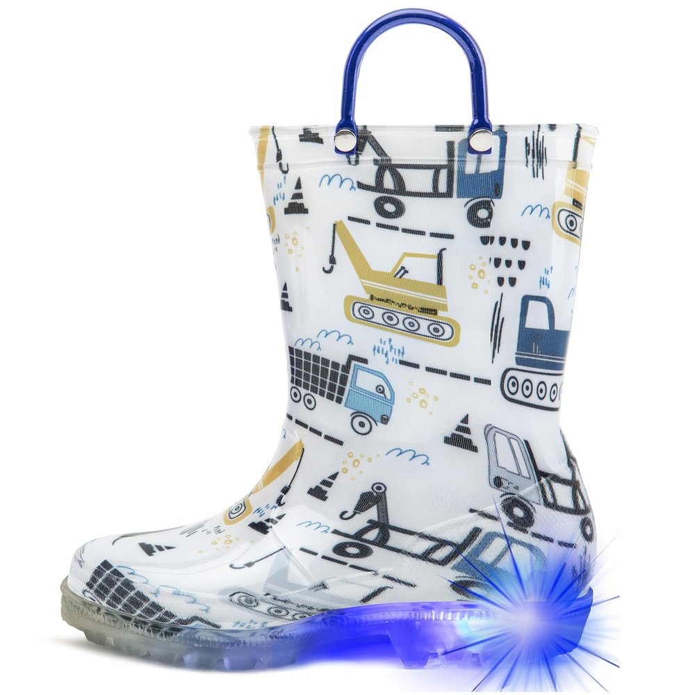 HugRain Toddler Boys Rain Boots Little Kids Baby child Light Up Waterproof Rubber Shoes Printed Mud Lightweight Adorable with Easy-On Handles Non Slip Sole Crane Excavator Blue Size 6