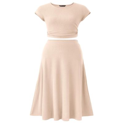 CNYMFF Women Two Piece Skirt Set,Sunset Rose Skirt Set,Ribbed Knit Short Sleeve Elastic Waist Midi Dress (Apricot,Large)
