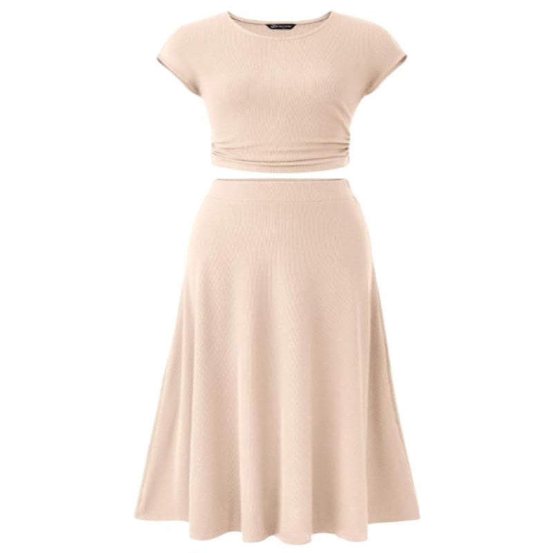 CNYMFF Women Two Piece Skirt Set,Sunset Rose Skirt Set,Ribbed Knit Short Sleeve Elastic Waist Midi Dress (Apricot,Large)