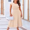 CNYMFF Women Two Piece Skirt Set,Sunset Rose Skirt Set,Ribbed Knit Short Sleeve Elastic Waist Midi Dress (Apricot,Large) view 3