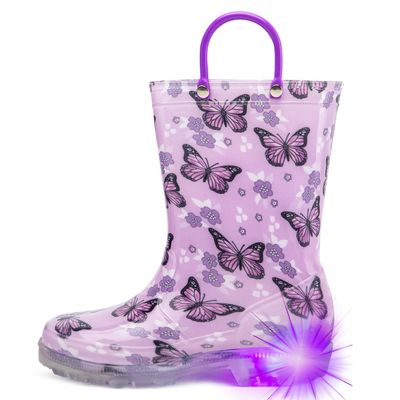 HugRain Toddler Girls Rain Boots Little Kids Baby child Light Up Waterproof Rubber Shoes Printed Mud Lightweight Adorable with Easy-On Handles Non Slip Sole butterfly Purple Size 7