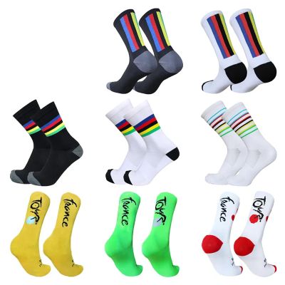 QQNYTHF Sportswear Cycling Socks Men Women Champion Colorful Stripes Sports Breathable Compression Bike Calcetines Ciclismo Abl, Ablack