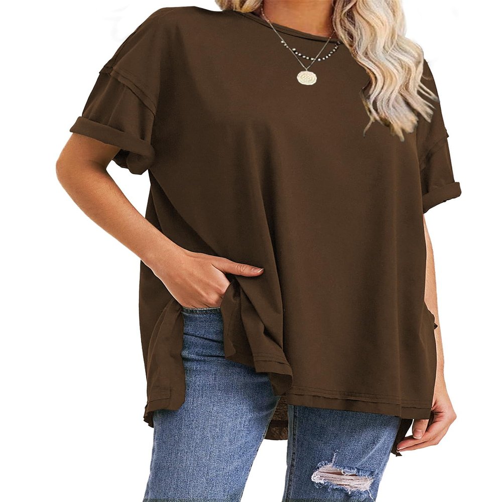 EXLURA Womens Summer Oversized T Shirts 2024 Casual Short Sleeve Loose Maternity Tops Crewneck Tunic Plus Gym Workout Top Dark Brown