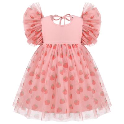 Birthday Dresses for Girls Baby Flutter Sleeve Mesh Layered Tulle Tutu Dress Toddler Princess Boho Rainbow Ruffle Dress Summer Clothes Flower Girl Wedding Party Dress Gown Pink Strawberry 12-18M