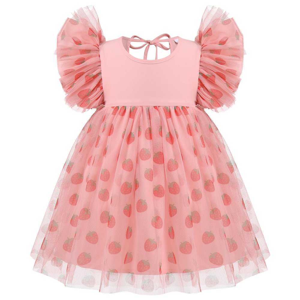 Birthday Dresses for Girls Baby Flutter Sleeve Mesh Layered Tulle Tutu Dress Toddler Princess Boho Rainbow Ruffle Dress Summer Clothes Flower Girl Wedding Party Dress Gown Pink Strawberry 12-18M