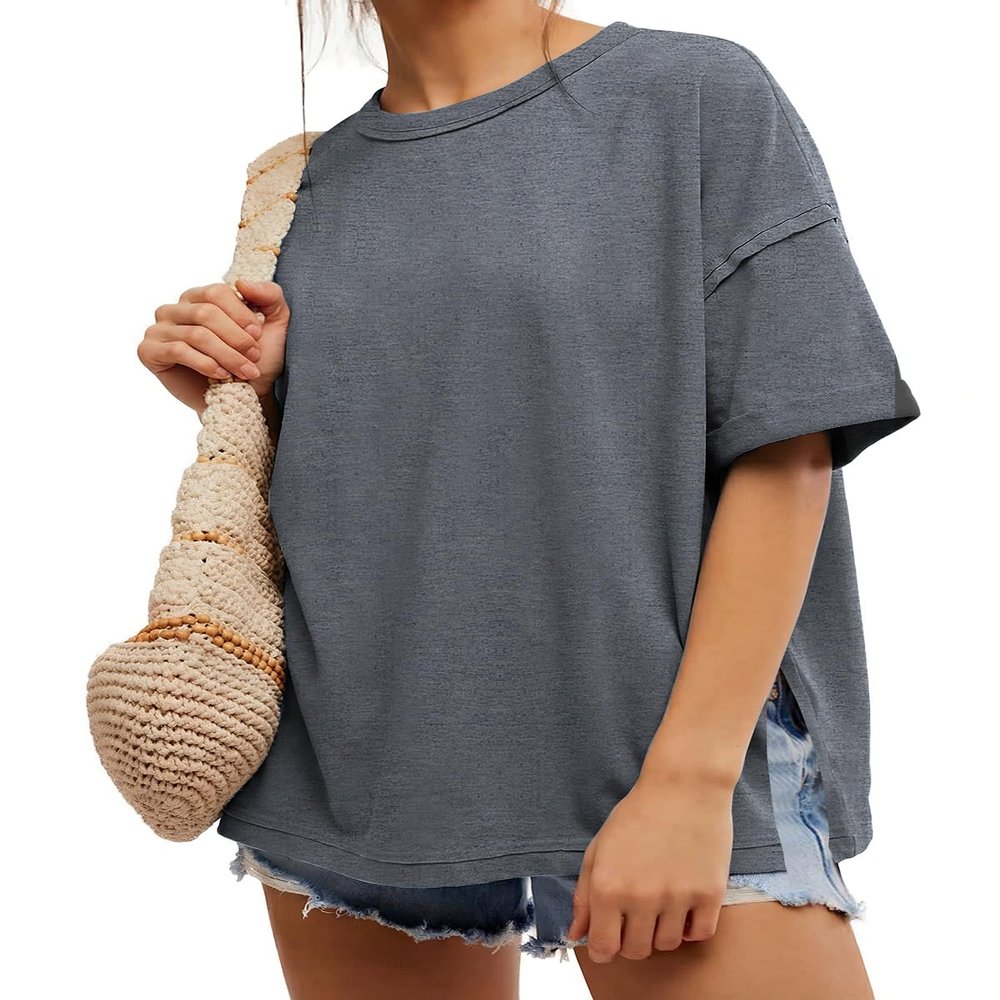 EXLURA Womens Summer Oversized T Shirts 2026 Casual Short Sleeve Loose Maternity Tops Crewneck Tunic Plus Gym Workout Top Deep Grey