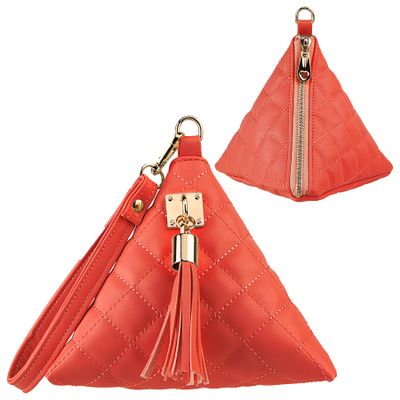 Aatacas Leather Quilted Triangle Wristlet Clutch Purse Handbag - Pyramid Evening Cocktail Wallet Tassel Charm (Orange)