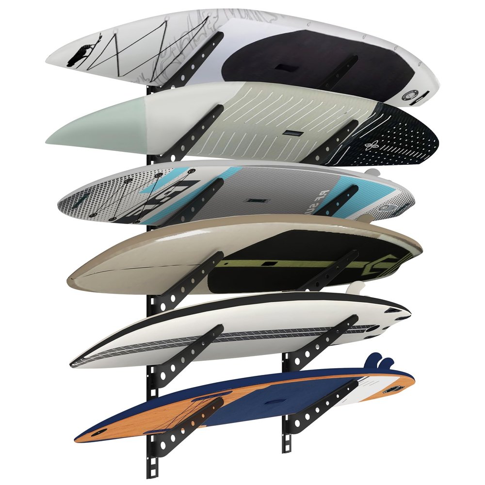 Neorexon Adjustable Metal Board Wall Rack, 6 Board Wall Mount Display for Surfboard, Wakeboard & Snowboard Storage in Home or Garage