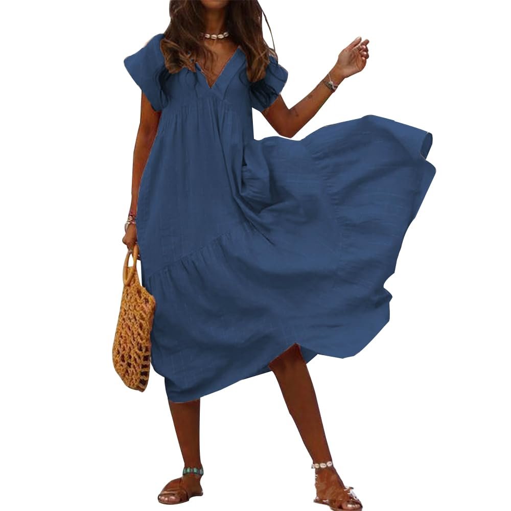 BIVENANT Flowy Cotton Dress Boho Tiered Maxi Dress Ruffled Women Summer Tiered Ruffle Maxi Dress V Neck Short Sleeve Midi Dress for Women Petite,Navy,L