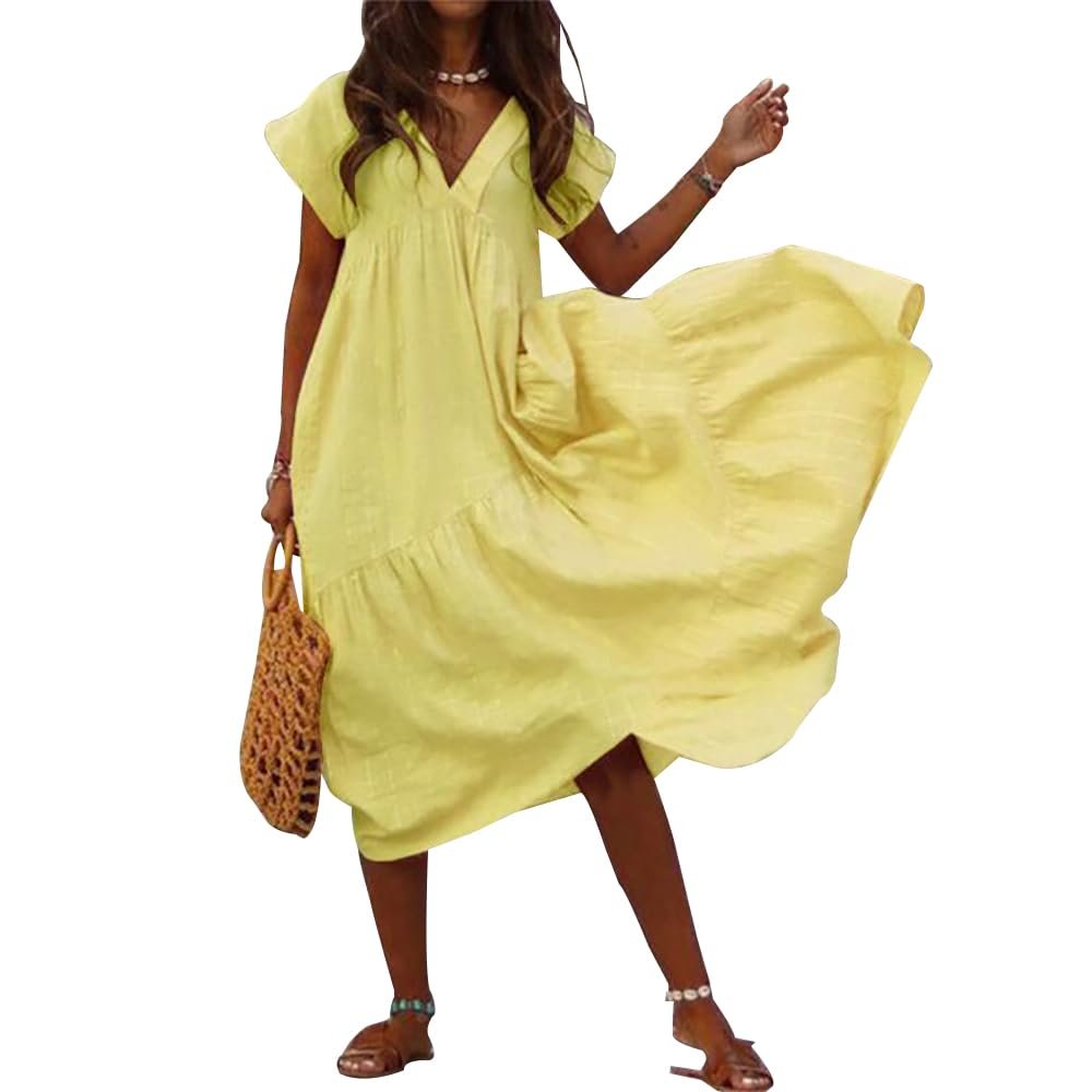 BIVENANT Cotton Flowy Dress Boho Tiered Maxi Dress Ruffled Cotton Gauze Short Sleeve Dress for Women Tunic Flowy Swing Midi Dress Vacation Outfits,Yellow,4XL