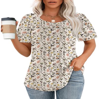 Tshirts Shirts for Women Summer Blouses Short Sleeve Scooped Neck Cute Flower Tops Dressy Casual Beige XL