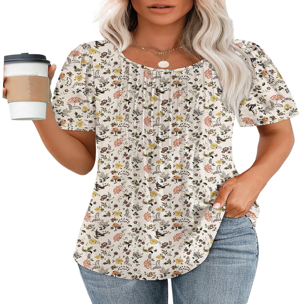 Tshirts Shirts for Women Summer Blouses Short Sleeve Scooped Neck Cute Flower Tops Dressy Casual Beige XL