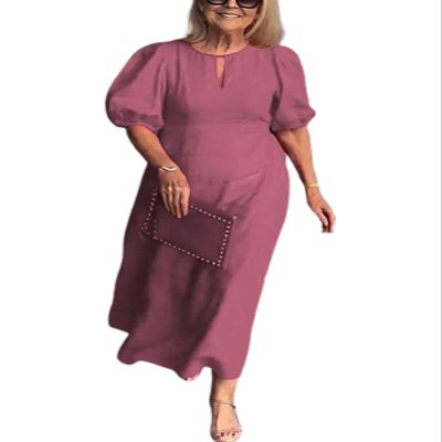Cotton Linen Dress for Women Front Hollow Out Puff Sleeve Midi Dress Solid Color Summer Casual Loose Flowy A Line Dresses Wedding Guest Dress for Mother of The Bride,M