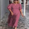 Cotton Linen Dress for Women Front Hollow Out Puff Sleeve Midi Dress Solid Color Summer Casual Loose Flowy A Line Dresses Wedding Guest Dress for Mother of The Bride,M view 2