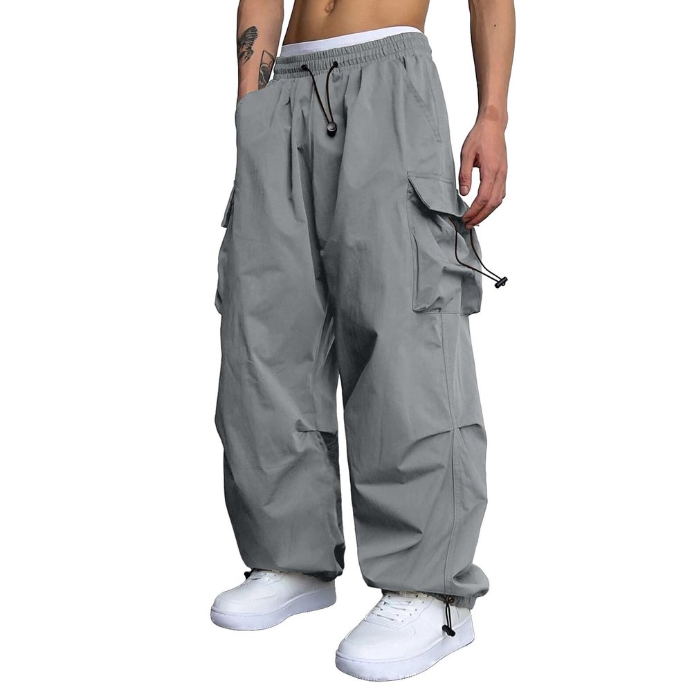 Work Cargo Pants for Men Relaxed Fit Parachute Pants Casual Baggy Cargo Sweatpants Hip Hop Harem Pants with Pockets B- Grey
