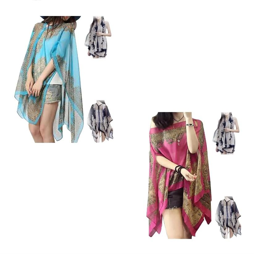 QARMAX 2PCS French Sun Protection Shawl, Sun Protection Chiffon Shawl for Women, Lady Fashion Casual Beach Shawl (E,M), Medium