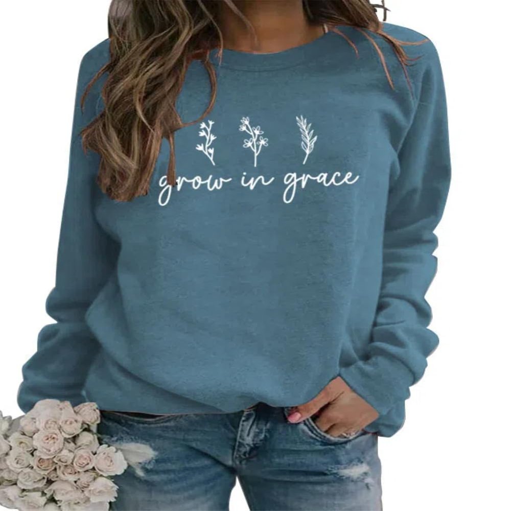DWLRAYIU Women Grow in Grace Wildflower Sweatshirt Boho Christian Scripture Religious Gifts Hoodie Jesus Faith Sweaters Blue