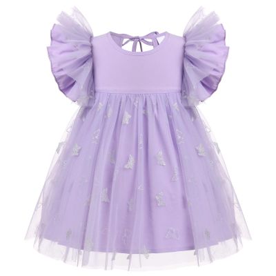 1st Birthday Girl Dress Outfit Baby Butterfly Tulle Dress Ruffle Sleeve Butterfly Princess Tutu Dress Toddler Cake Smash Photoshoot Dresses Lilac Butterfly 2-3 Years