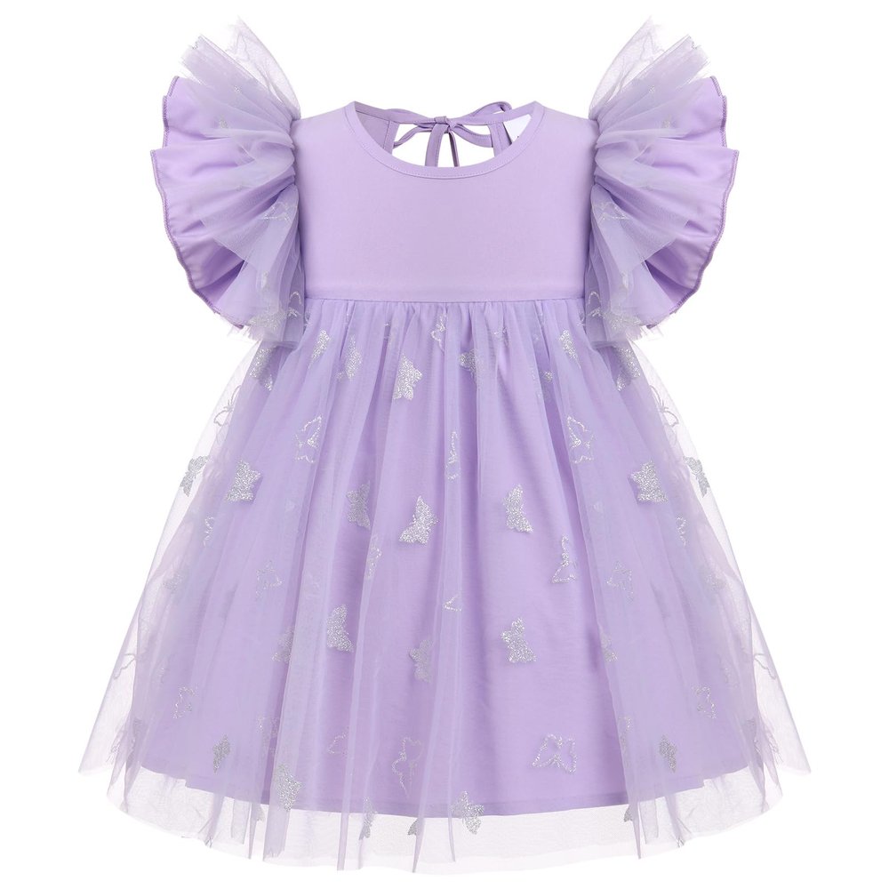 1st Birthday Girl Dress Outfit Baby Butterfly Tulle Dress Ruffle Sleeve Butterfly Princess Tutu Dress Toddler Cake Smash Photoshoot Dresses Lilac Butterfly 2-3 Years