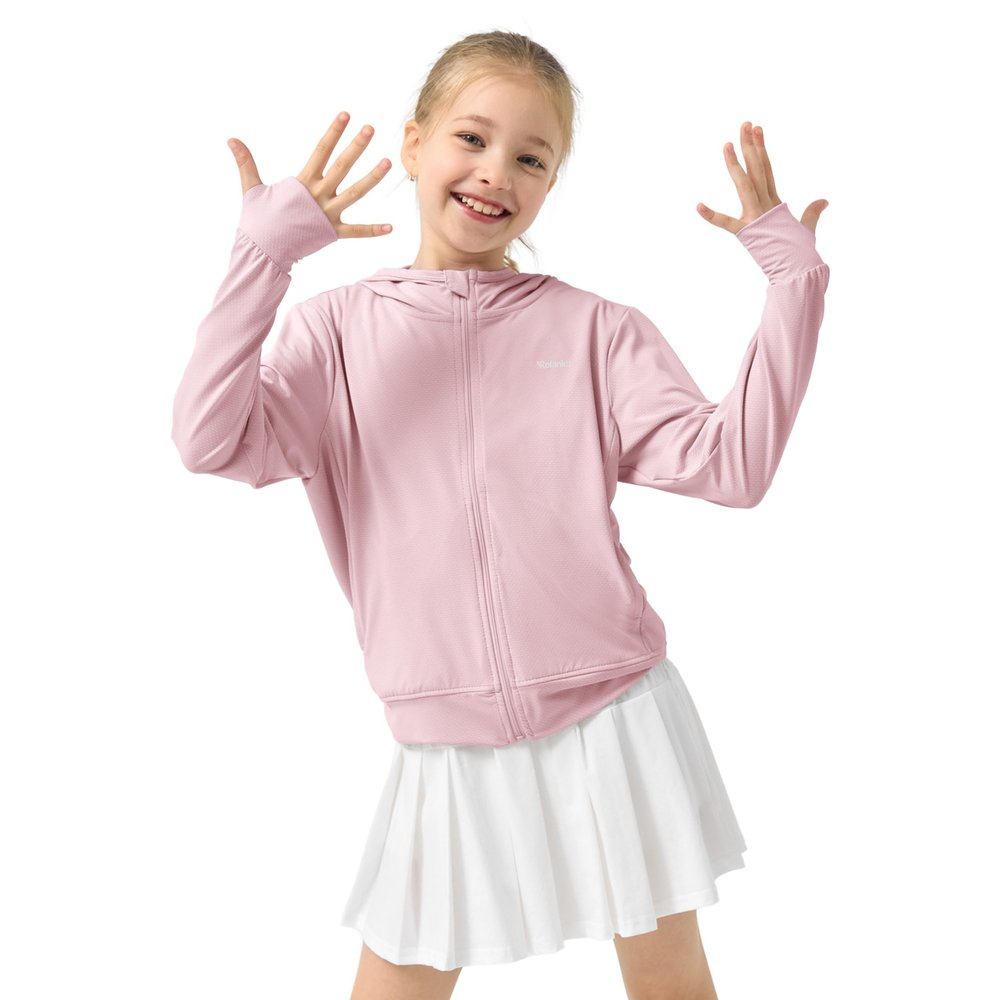 Rolanko Kids Zip Up Sun Hoodie Girls UPF50+ Protection Athletic Jacket Pink