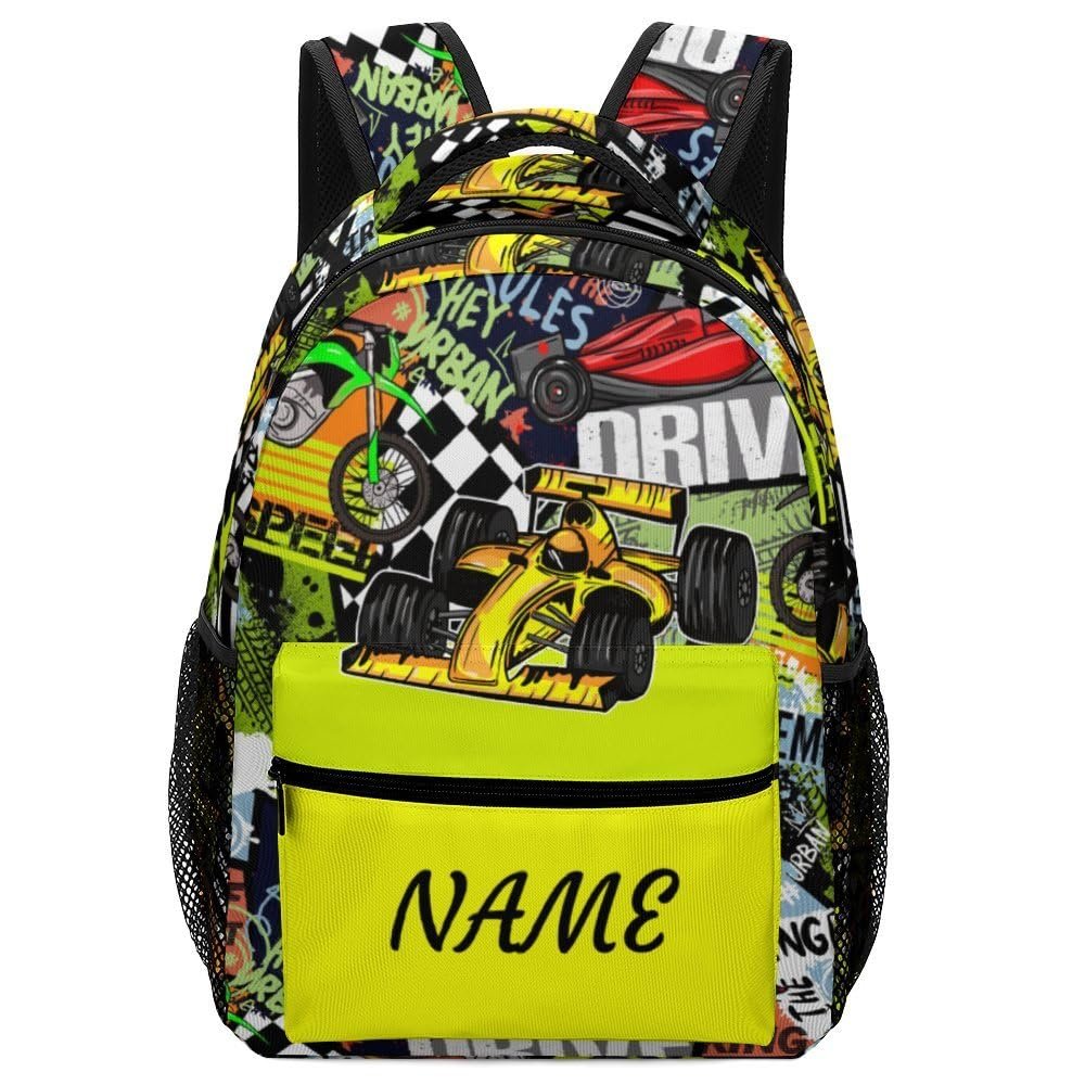 Fovanxixi Custom Cute Yellow Car Backpack for Kids Boys Girls Personalized Name Text Children Backpack School Bag Customized Daypack Schoolbag for Student Bookbag