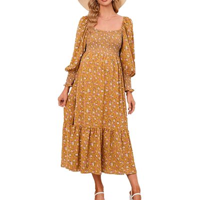 Womens Chiffon Maternity Dress Ruffle Long Sleeve Pregnancy Dress Causal A-Line Flower Print Dress for Photoshoot Shower (Large,Yellow)