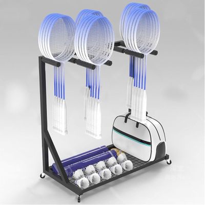 SPUZZOD Badminton Racket Storage Rack, Mobile Badminton Racket Display Storage Rack, 25~30 Pcs Kids Adult Tennis Racquets Organizer Cart Black Steel Frame