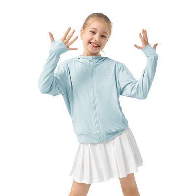 Rolanko Girls Zip Up Sun Hoodie with Thumb Holes, UV Protection Clothing for Kids Lightweight Athletic Jacket(Blue,8-9 Y)