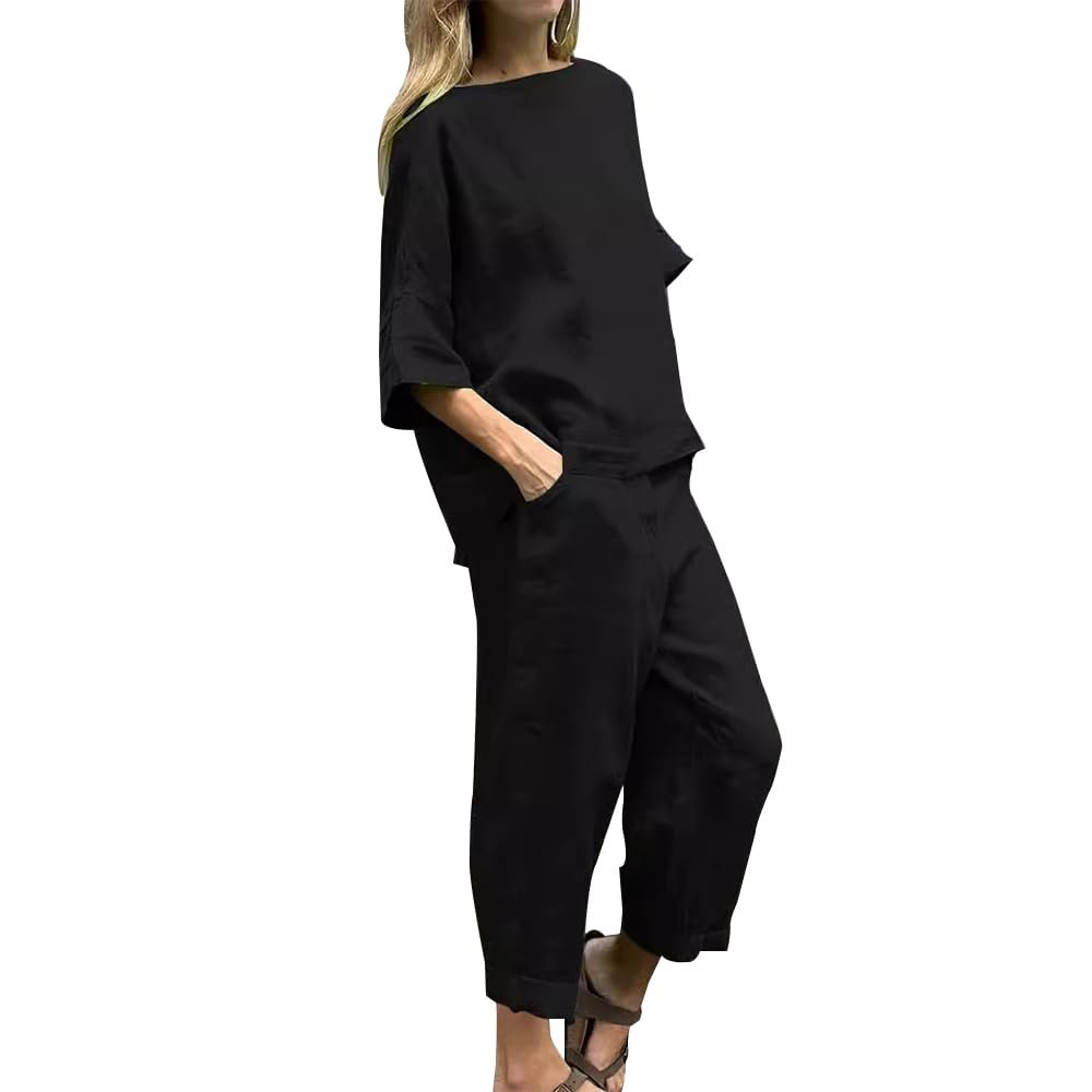 Two Piece Linen Set for Women Summer Solid Short Sleeve Shirt Straight Loose Long Pants Suit with Pockets Black 3XL