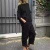 Two Piece Linen Set for Women Summer Solid Short Sleeve Shirt Straight Loose Long Pants Suit with Pockets Black 3XL view 2
