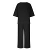Two Piece Linen Set for Women Summer Solid Short Sleeve Shirt Straight Loose Long Pants Suit with Pockets Black 3XL view 3