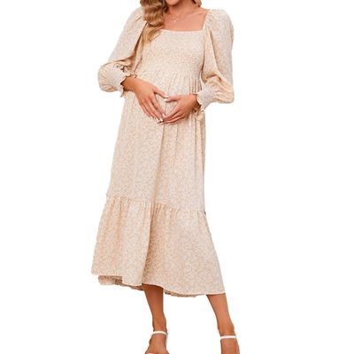Womens Chiffon Maternity Dress Ruffle Long Sleeve Pregnancy Dress Causal A-Line Flower Print Dress for Photoshoot Shower (Medium,Apricot)