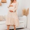 Womens Chiffon Maternity Dress Ruffle Long Sleeve Pregnancy Dress Causal A-Line Flower Print Dress for Photoshoot Shower (Medium,Apricot) view 2